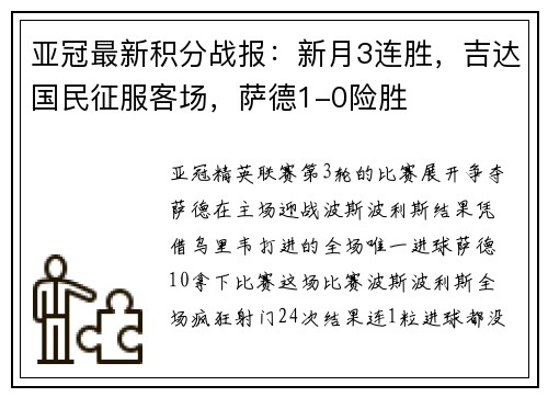 亚冠最新积分战报：新月3连胜，吉达国民征服客场，萨德1-0险胜